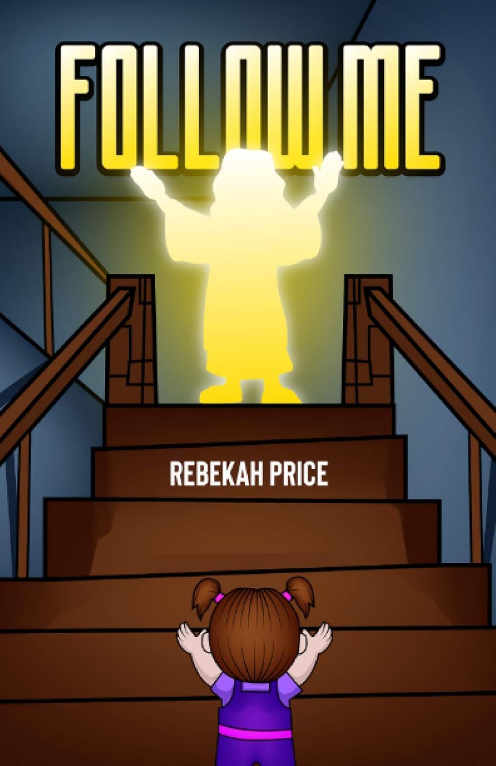 book cover with cartoon child looking up stairs